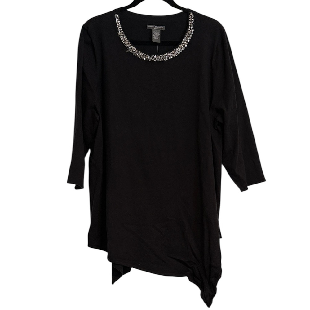☀️ Chelsea & Theodore Black Asymmetrical Sweater with Bejeweled Neckline NWT
